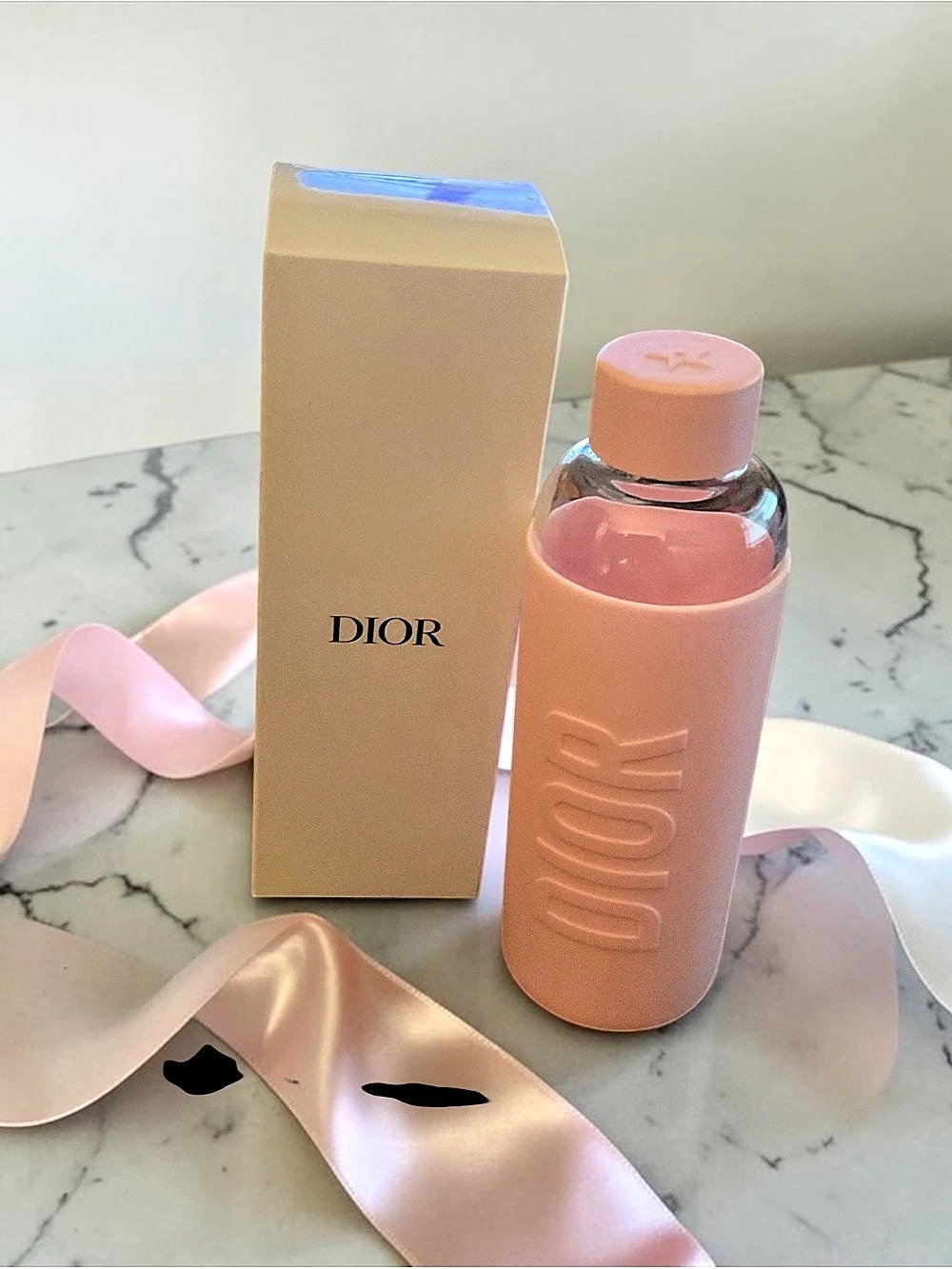 Christian Dior Beauty Glass Water Bottle with Protective Soft Sleeve 💕 Pink